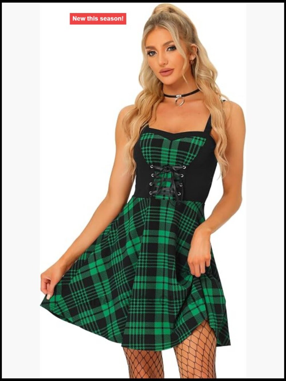 Plaid Fit & Flare Mini Dress Sleeveless Lace Up Sweetheart Neck
